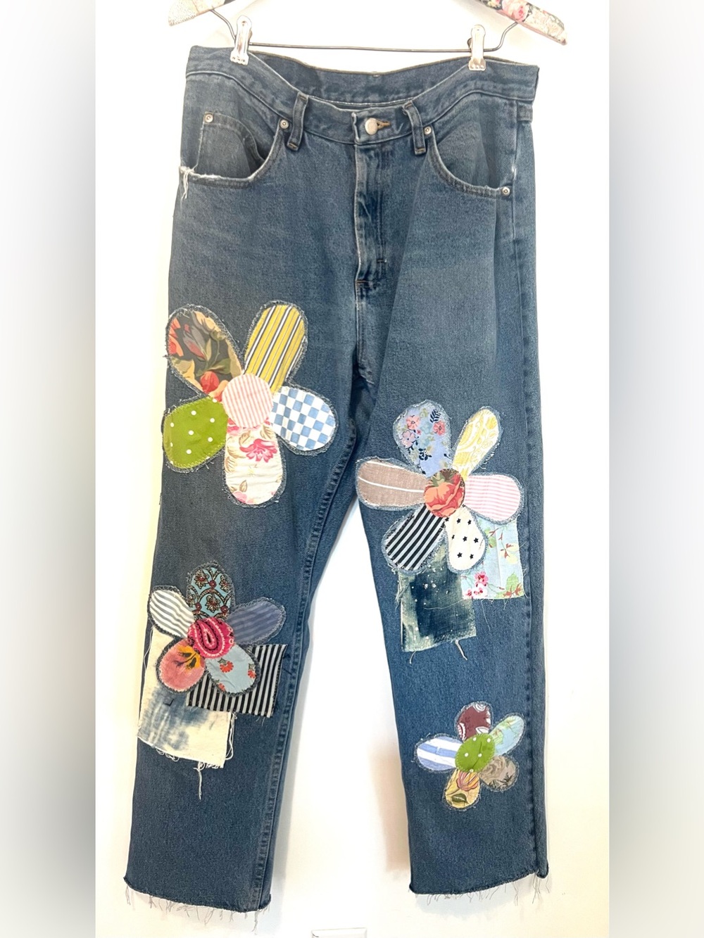 Upcycled Wrangler Blue Floral applique Patchwork Jeans - Picture 3 of 10
